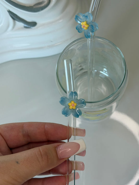 Skleněné brčko - květina modrá