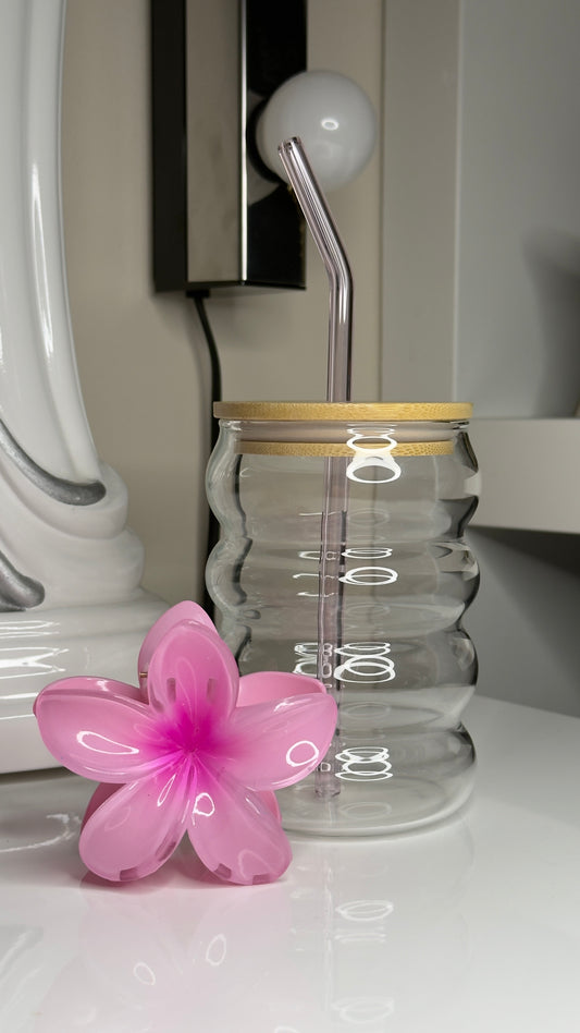 Lesklý květový skřipec do vlasů Růžový 8cm